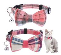 2 Pcs Cat Collars with Bow Tie Cute Cat Collar with Bells Funny Breakaway Kitten Bowtie Adjustable Solid Color Set for Kittens Puppies Dog, Pink and White Plaid