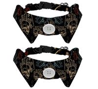 2 Pcs Cat Dog Bow Tie, Adjustable Pet Collar Bowtie Tux Formal Neck Tie for Boys Girls Puppy Kitten Wedding Birthday - Engraved Human Skull Flowers