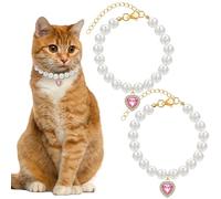 2 Pcs Cat Pearl Collar with Heart Shape Pendant Rhinestone Cute Pearl Pet Necklace, Adjustable Size Small Dog Jewelry Accessories for Puppy girl cat for Wedding Party