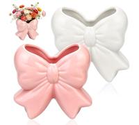 2 Pcs Ceramic Bow Pink Vase for Flowers - 4.7inch Pink and White Vase Ceramic Makeup Brush Holder & Pen Holder Small Decor Bud Vase Coquette PinkHome Decor Gifts for HomeOffice Shelf Wedding