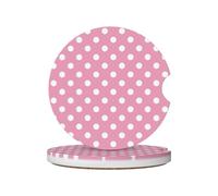 2 Pcs Ceramic Car Coasters Pink Polka Dots Anti Slip Car Cup Mat Absorbent Non-Scratch Cork Base Coaster 2.6 Inch Drink Cup Holder Fits Most Cars Trucks Suvs Vans