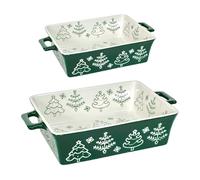 2 Pcs Ceramic Christmas Baking Tray, 8.5+11.4 Inch Ceramic Bakeware Set, Rectangular Baking Dish Lasagna Pans with Handle, Rectangular Deep Lasagna Pan, Table Baking Dish for Pie, Casserole (B)