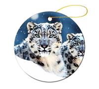 2 Pcs Ceramic Christmas Ornaments 2.8 Inch - Blue Eyed Snow Leopard Double Sided Round Holiday Tree Hanging Decor for Home, Party, Hotel Decorations, Gift for Teacher, Neighbor, Friend