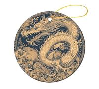 2 Pcs Ceramic Christmas Ornaments 2.8 Inch - Blue Oriental Dragon Double Sided Round Holiday Tree Hanging Decor for Home, Party, Hotel Decorations, Gift for Teacher, Neighbor, Friend