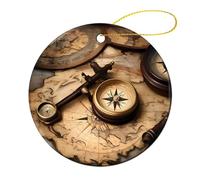 2 Pcs Ceramic Christmas Ornaments 2.8 Inch - Compass and Old World Map Double Sided Round Holiday Tree Hanging Decor for Home, Party, Hotel Decorations, Gift for Teacher, Neighbor, Friend