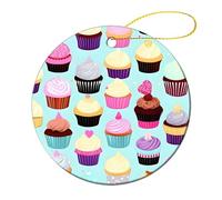 2 Pcs Ceramic Christmas Ornaments 2.8 Inch - Cupcake Patterns Double Sided Round Holiday Tree Hanging Decor for Home, Party, Hotel Decorations, Gift for Teacher, Neighbor, Friend