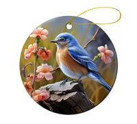 2 Pcs Ceramic Christmas Ornaments 2.8 Inch - Eastern Bluebird Double Sided Round Holiday Tree Hanging Decor for Home, Party, Hotel Decorations, Gift for Teacher, Neighbor, Friend
