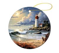 2 Pcs Ceramic Christmas Ornaments 2.8 Inch - Sea Lighthouse Sandbeach Double Sided Round Holiday Tree Hanging Decor for Home, Party, Hotel Decorations, Gift for Teacher, Neighbor, Friend