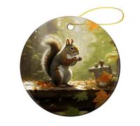2 Pcs Ceramic Christmas Ornaments 2.8 Inch - Squirrel Eats Nuts Double Sided Round Holiday Tree Hanging Decor for Home, Party, Hotel Decorations, Gift for Teacher, Neighbor, Friend