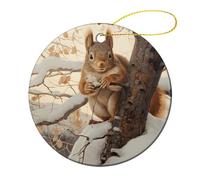 2 Pcs Ceramic Christmas Ornaments 2.8 Inch - Squirrel on Tree Double Sided Round Holiday Tree Hanging Decor for Home, Party, Hotel Decorations, Gift for Teacher, Neighbor, Friend