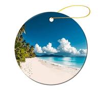 2 Pcs Ceramic Christmas Ornaments 2.8 Inch - White Beach Tropical Sea Double Sided Round Holiday Tree Hanging Decor for Home, Party, Hotel Decorations, Gift for Teacher, Neighbor, Friend