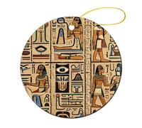 2 Pcs Ceramic Christmas Ornaments - Ancient Egyptian Hieroglyph Round Double Sided Porcelain Hanging Decor for Xmas Tree, Holiday Home Decor and Gift Party Decorations (2.8 Inch)