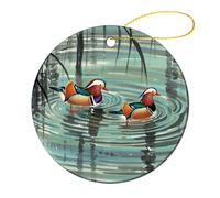 2 Pcs Ceramic Christmas Ornaments - Chinese Style Mandarin Ducks Round Porcelain Hanging Decor with Double-Sided Printing, Christmas Tree Ornament for Holiday Keepsake Gifts (2.8 Inch)