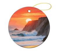 2 Pcs Ceramic Christmas Ornaments - Coastal Cliff Sunrise Round Double Sided Porcelain Hanging Decor for Xmas Tree, Holiday Home Decor and Gift Party Decorations (2.8 Inch)
