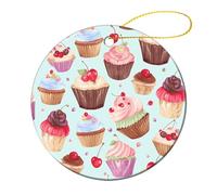 2 Pcs Ceramic Christmas Ornaments - Cupcake Pattern Round Porcelain Hanging Decor with Double-Sided Printing, Christmas Tree Ornament for Holiday Keepsake Gifts (2.8 Inch)