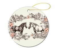 2 Pcs Ceramic Christmas Ornaments - Flowers and Horses Hand Drawn Round Porcelain Hanging Decor with Double-Sided Printing, Christmas Tree Ornament for Holiday Keepsake Gifts (2.8 Inch)