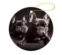 2 Pcs Ceramic Christmas Ornaments - French Bulldog Round Double Sided Porcelain Hanging Decor for Xmas Tree, Holiday Home Decor and Gift Party Decorations (2.8 Inch)