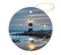 2 Pcs Ceramic Christmas Ornaments - Sea Lighthouse Round Double Sided Porcelain Hanging Decor for Xmas Tree, Holiday Home Decor and Gift Party Decorations (2.8 Inch)