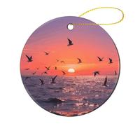 2 Pcs Ceramic Christmas Ornaments - Sunset Seagulls Round Double Sided Porcelain Hanging Decor for Xmas Tree, Holiday Home Decor and Gift Party Decorations (2.8 Inch)