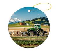 2 Pcs Ceramic Christmas Ornaments - Tractor Milk Farm Round Double Sided Porcelain Hanging Decor for Xmas Tree, Holiday Home Decor and Gift Party Decorations (2.8 Inch)
