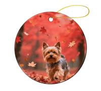2 Pcs Ceramic Christmas Ornaments - Yorkshire Terrier in Maple Forest Round Double Sided Porcelain Hanging Decor for Xmas Tree, Holiday Home Decor and Gift Party Decorations (2.8 Inch)