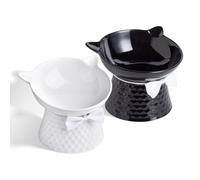 2 PCS Ceramic Elevated Cat Bowl, Tilted Raised Pet Dish for Indoor Cats, Anti-Vomit & Whisker Friendly Cat Food Bowl, Cute One-Piece Stand, Microwave & Dishwasher Safe