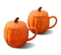 2 PCS Ceramic Pumpkin Mug with Lid, 14oz Orange Coffee Mug for Fall & Autumn, Cute Halloween Coffee Cup for Tea and Hot Cocoa, Microwave Safe Novelty Gift for Women, Friends, and Family (Pumpkin-2PCS)