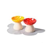 2 Pcs Ceramic Raised Cat Bowls with Silicone Anti-Slip Protective Pad, Mushroom Shaped Cat Food Water Bowl Set, Elevated Cat Dish Anti Vomiting, 300ml, Red and Yellow