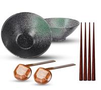 2 Pcs Ceramic Ramen Noodle Bowls with 2 Spoon, 4 Chopstick | Japanese Dinnerware Party Bowl Set for Cereal, Soup, Food, Fruit, Salad, Pasta, Gift (Green)