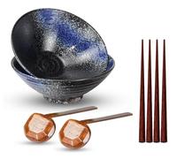 2 Pcs Ceramic Ramen Noodle Bowls with 2 Spoon, 4 Chopstick | Japanese Dinnerware Party Bowl Set for Cereal, Soup, Food, Fruit, Salad, Pasta, Gift (Blue)