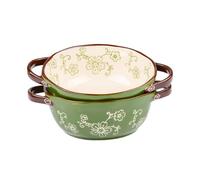 2 Pcs Ceramic Soup Bowls, 22 Ounces Porcelain Bowl Set, Double Section Hollow Handles, Large Ceramic Crocks for Fruit, Stews, Pasta, Salads, Cereals, Pot Pie (Green)