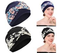 2 Pcs Chemo Headwear for Women UK, Soft Cotton Turbans with Stretchy Wide Band, Pre-Tied Floral Head Scarf for Cancer Patients, Hair Loss or Chemotherapy (Black+Blue)