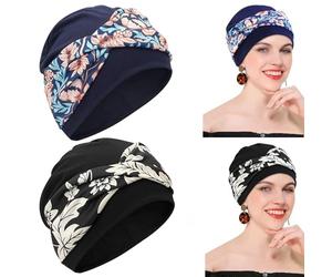 2 Pcs Chemo Headwear for Women UK, Soft Cotton Turbans with Stretchy Wide Band, Pre-Tied Floral Head Scarf for Cancer Patients, Hair Loss or Chemotherapy (Black+Blue)