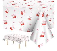 2 Pcs Cherry Birthday Decorations Tablecloth - White and Pink Fruit Table Cloth, Disposable Plastic Rectangle Cherries and Bows Table Cover for Cherry Tables Decor Bday Party Supplies Favor,108x54Inch
