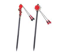 2 Pcs Chinese Hair Sticks for Women Wooden Japanese Hair Chopsticks Accessories Retro Red Cherry Clips Handmade Flower Tassel Geisha Costume for Girls Long Hair (Red)