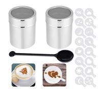 2 Pcs Chocolate Shaker for Cappuccino Seasoning Sugar Spice Shaker Sifter Stainles Steel Salt Coffee Dispenser Duster Cinnamon Flour Shaker for Baking for Kitchen with 16 Printing Moulds Stencils
