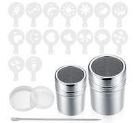 2 Pcs Chocolate Shaker Set, Coffee Sprinkles Powder Set, Stainless Steel Mesh Icing Sugar Dusters Shaker for Cocoa, Cappuccino, Powder, Baking, with 16 Pcs Stencils, 1 Coffee Art Pull Pin