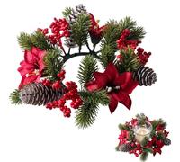 2 Pcs Christmas Candle Rings Small Christmas Candle Wreaths with Artificial Poinsettias and Red Berries for Table Centerpieces Windows Pillars Cabinets Kitchen Decor (A)