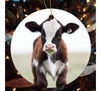 2 Pcs Christmas Ceramic Ornaments for Tree Decorations - Cow Farmhouse Christmas Decor, Hanging Pendant Round Ornament for Xmas Tree Gifts (2.8 Inch)