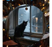 2 Pcs Christmas Ceramic Ornaments for Tree Decorations - Melancholy Black Cat Farmhouse Christmas Decor, Hanging Pendant Round Ornament for Xmas Tree Gifts (2.8 Inch)