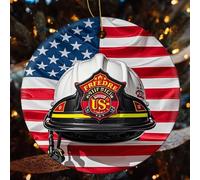 2 Pcs Christmas Ceramic Ornaments for Tree Decorations - Red Stripe Firefighter USA Flag Farmhouse Christmas Decor, Hanging Pendant Round Ornament for Xmas Tree Gifts (2.8 Inch)