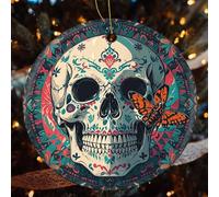 2 Pcs Christmas Ceramic Ornaments for Tree Decorations - Skeleton Death Moth Farmhouse Christmas Decor, Hanging Pendant Round Ornament for Xmas Tree Gifts (2.8 Inch)