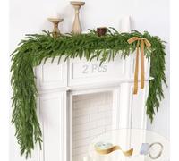 2 Pcs Christmas Garland with Lights 6 Ft, Real Touch Norfolk Pine Garland for Mantle, Christmas Decorations Indoor Outdoor for Wall Fireplace, Faux Greenery Cedar Garland Realistic for Table Decor