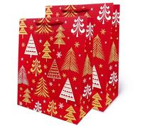 2 Pcs Christmas Gifts Bags with handle - Medium Christmas Wrapping Bags for presents - Red & Gold Trees Design Xmas Gift Present Tote Bags for Holiday Party Supplies | Size - L 32 x H 10 x W 26 Cm