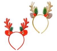2 Pcs Christmas Headband, Sequins Antlers Christmas Headbands Xmas Hair Hoops with Plush Ears Bell Antler for Kids Women Girls Christmas Party Headwear Hair Band Decoration Accessories(Gold+Red)