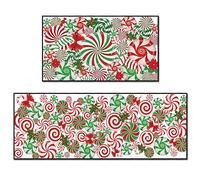 2 Pcs Christmas Kitchen Rugs and Mats for Floor Candy Canes Non-Slip Floor Runner Mat Merry Christmas Kitchen Decor Red White Green Plaid Rustic Anti Fatigue Kitchen Rug 17 x 30 and 17 x 47 Inch