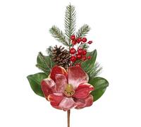 2 Pcs Christmas Magnolia Flower Branches 18.9" Artificial Magnolia Floral Picks and Spray with Pinecones Berries for Christmas Tree Decorations Vase Arrangements Centerpiece Xmas Decor, Pink Red
