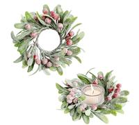 2 Pcs Christmas Mistletoe Berry Candle Ring, 16 CM Artificial Wreath Candle Rings, Ornaments for Home Party Halloween Wedding (Red Berry)