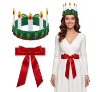 2 Pcs Christmas St. Lucia Costume Accessories Sweden Sankta Crown and Belt Set Lucia Queen Costume Women Xmas Festival Forest Green