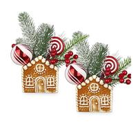 2 Pcs Christmas Table Centrepieces Artificial Plant in Gingerbread House Ceramic Pots with Pine Branches, Red Berries, Baubles & Candy Ornaments, Small Desk Christmas Tree for Xmas Festive Home Decor